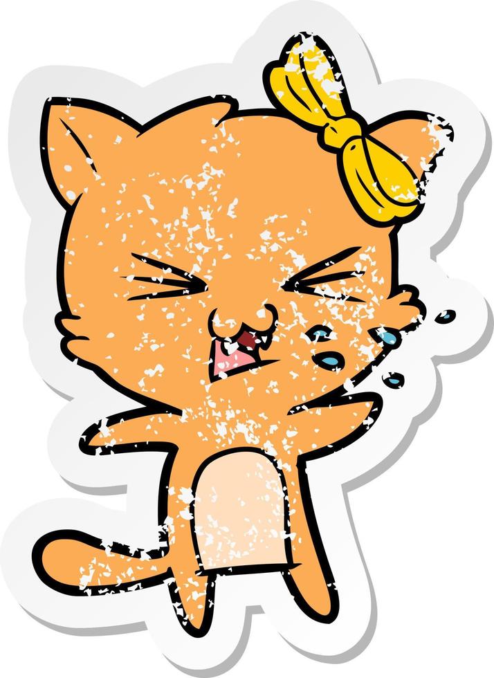distressed sticker of a cartoon cat vector