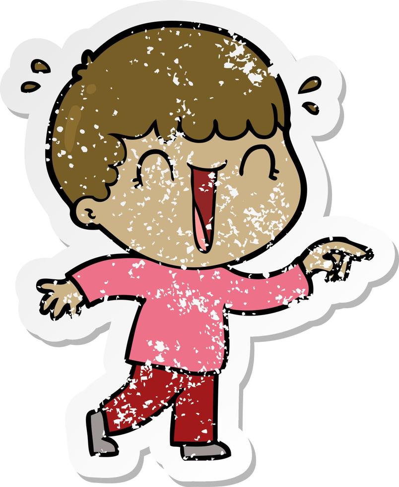 distressed sticker of a laughing cartoon man pointing vector