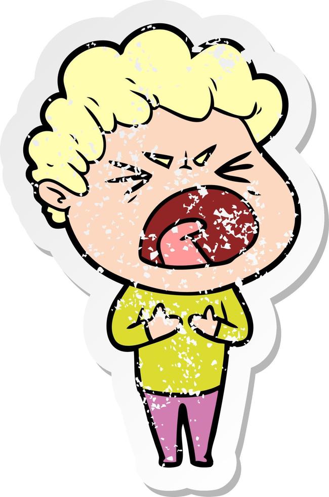 distressed sticker of a cartoon furious man vector