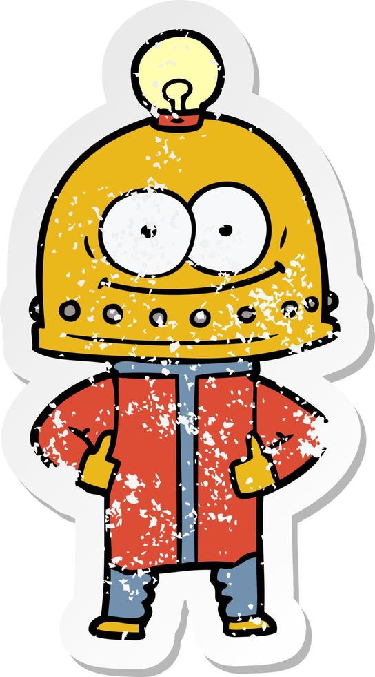 distressed sticker of a happy carton robot with light bulb vector