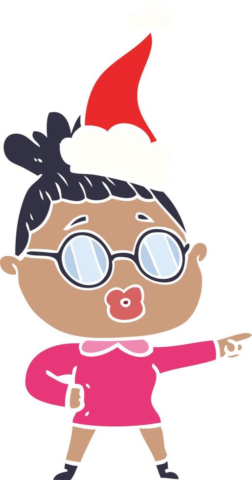 flat color illustration of a pointing woman wearing spectacles wearing santa hat vector