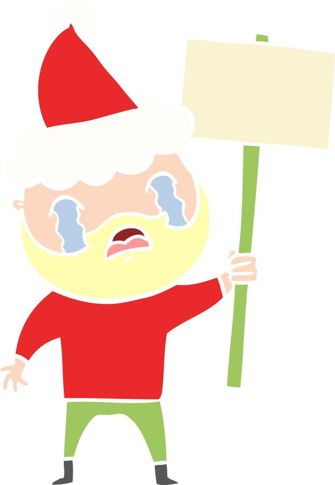 flat color illustration of a bearded protester crying wearing santa hat vector