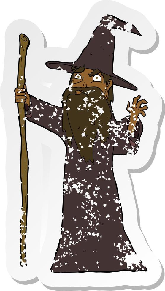 retro distressed sticker of a cartoon spooky wizard vector