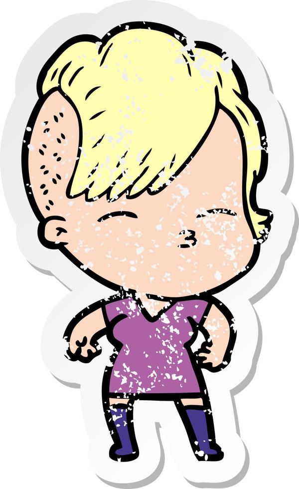 distressed sticker of a cartoon squinting girl vector