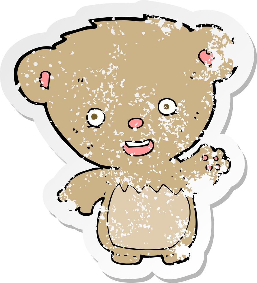 retro distressed sticker of a cartoon teddy bear waving vector