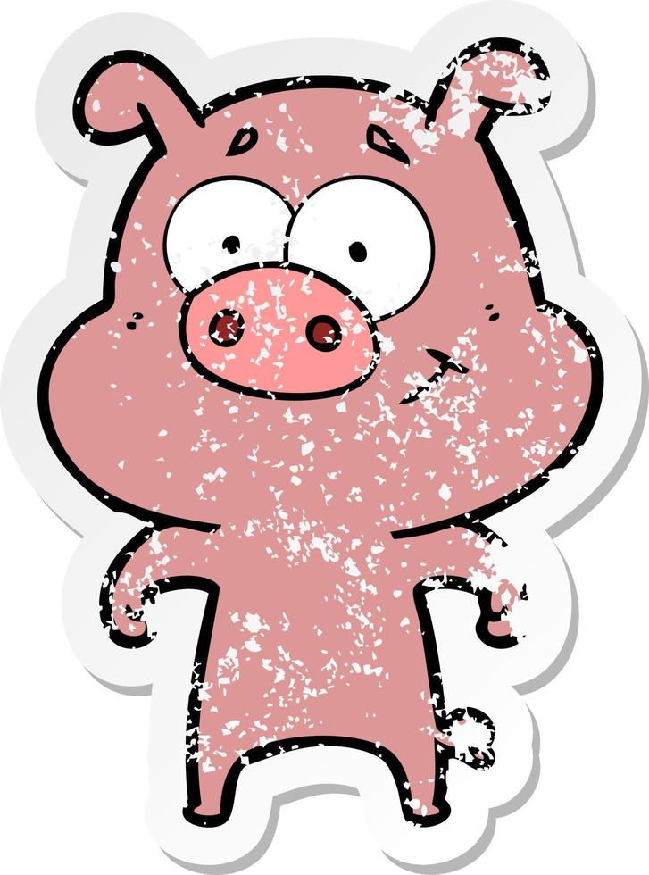 distressed sticker of a happy cartoon pig vector