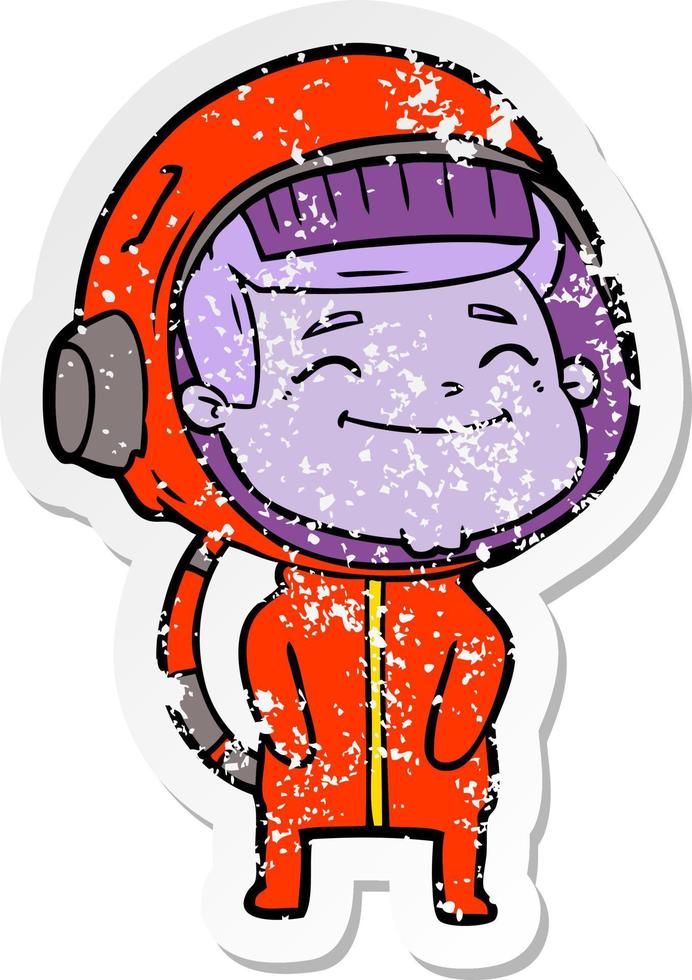 distressed sticker of a happy cartoon astronaut vector