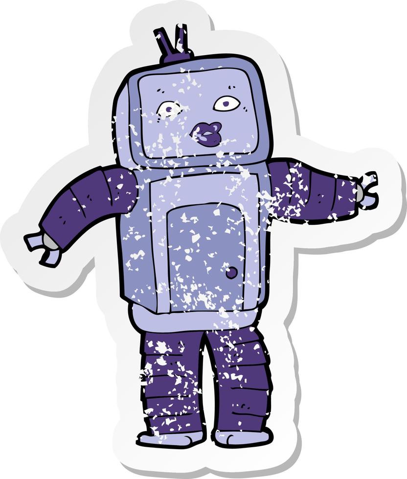 retro distressed sticker of a funny cartoon robot vector