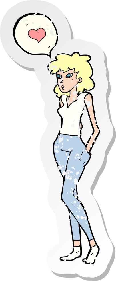 retro distressed sticker of a cartoon woman in love vector