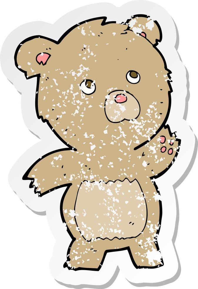 retro distressed sticker of a cartoon curious teddy bear vector