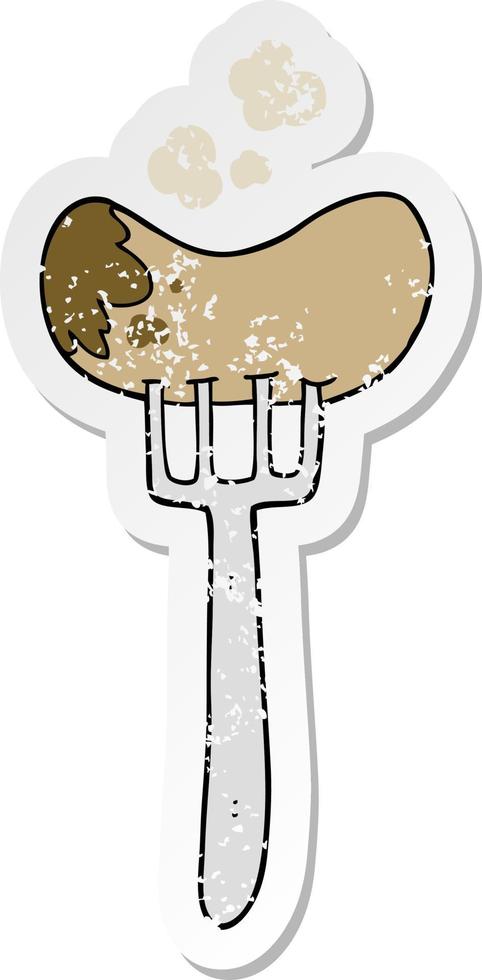 distressed sticker of a cartoon sausage and fork vector