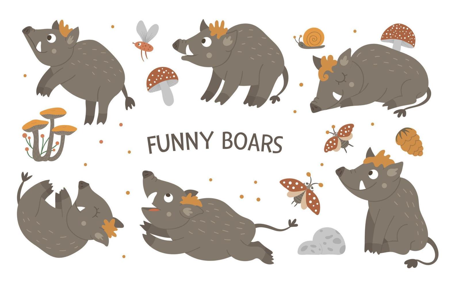Vector set of cartoon style hand drawn flat funny boars in different poses. Cute illustration of woodland animals for children design.