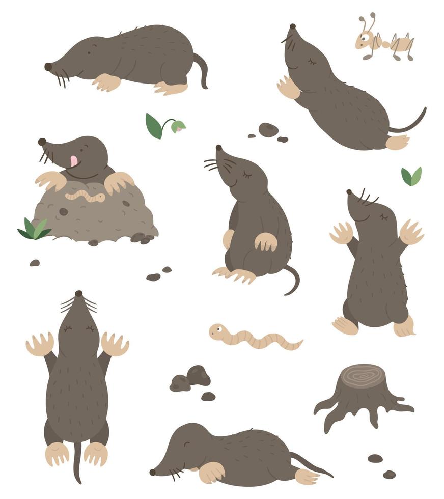 Vector set of cartoon style flat funny moles in different poses with ant, worm, leaves, stones clip art. Cute illustration of woodland animals for children design.