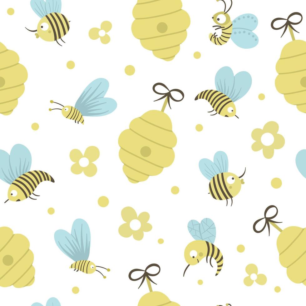 vector dibujado a mano patrón plano sin costuras con colmena, abejas, flores. lindo divertido infantil repitiendo antecedentes sobre el tema de la producción de miel. lindo adorno de insectos para el diseño de los niños.