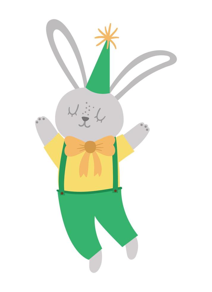Vector cute jumping rabbit in birthday hat. Funny b-day animal for card, poster, print design. Bright holiday illustration for kids. Cheerful celebration character icon isolated on white background.