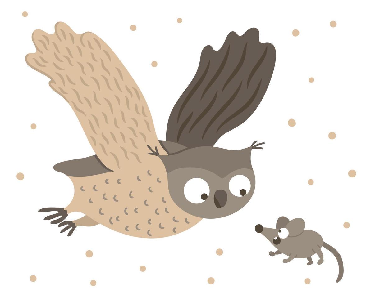 Vector hand drawn flat owl flying with spread wings for scared mouse. Funny hunt scene with woodland bird. Cute forest animalistic illustration for print, stationery