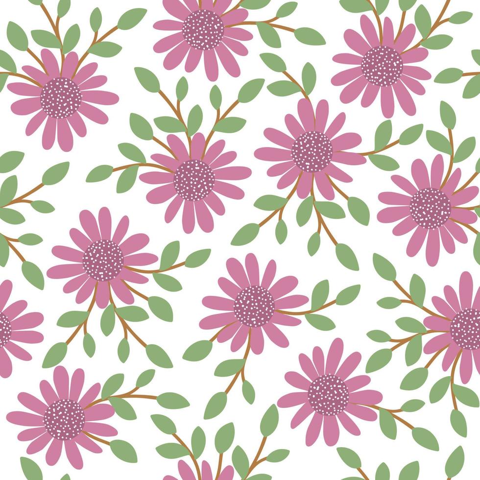 Vector floral seamless background. Hand drawn flat simple trendy illustration with flowers and leaves. Repeating pattern with meadow, woodland, forest plants.