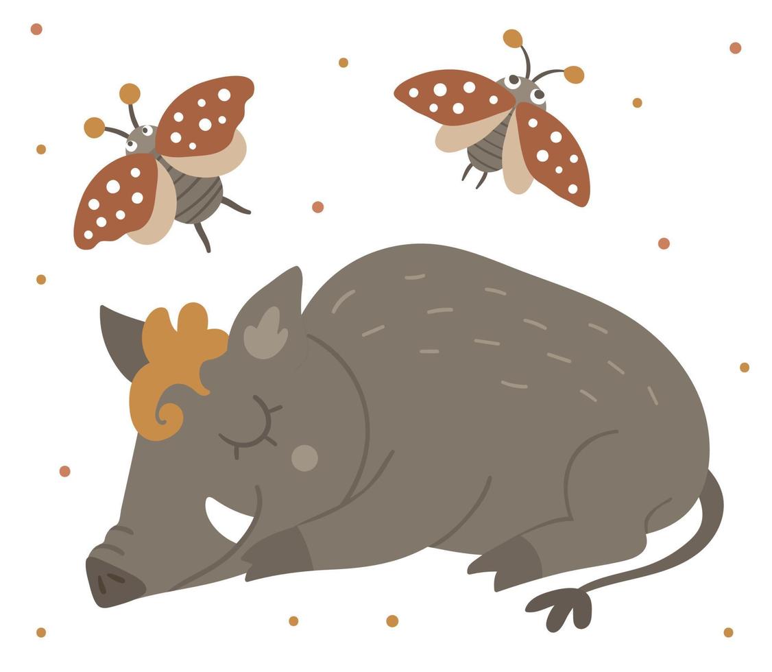 Vector hand drawn flat sleeping boar with an insect. Funny woodland animal. Cute forest pig illustration for  print, stationery