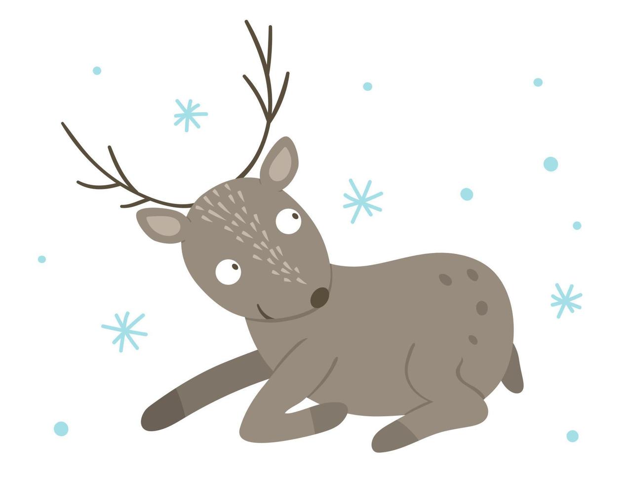 Vector hand drawn flat deer with snowflakes. Funny winter scene with woodland animal. Cute forest animalistic illustration for print, stationery