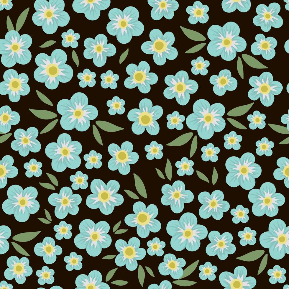 textura transparente floral azul vectorial sobre fondo negro. ilustración de moda plana simple dibujada a mano con flores y hojas. patrón repetitivo con pradera, jardín, plantas forestales. vector