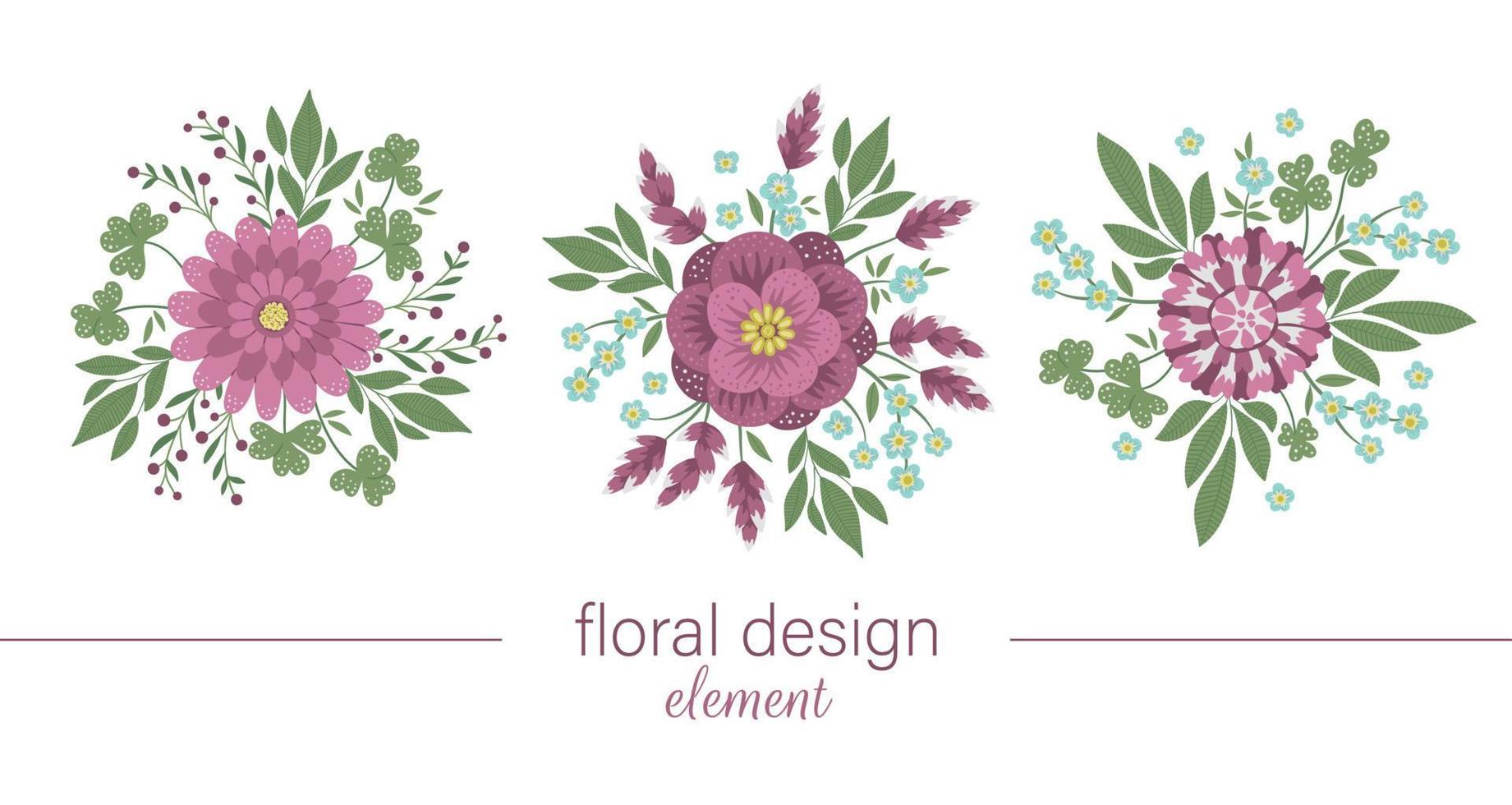 conjunto de elementos decorativos redondos florales vectoriales. ilustración plana de moda con flores, hojas, ramas. pradera, bosque, colección de imágenes prediseñadas de bosque. hermoso ramo de jardín de primavera o verano vector