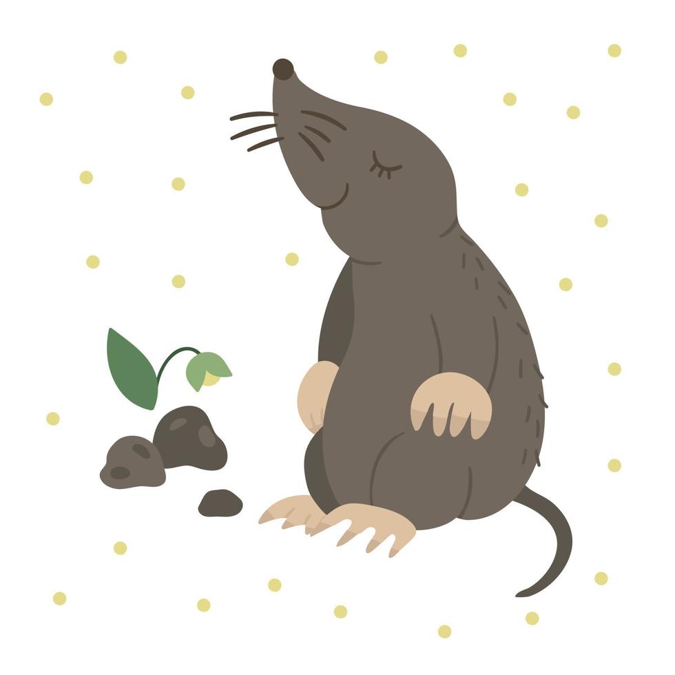 Vector hand drawn flat sitting mole. Funny woodland animal. Cute forest animalistic illustration for children design, print, stationery