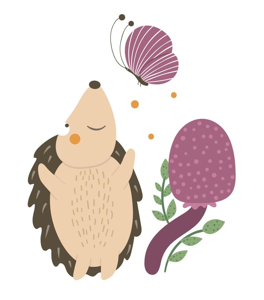 Vector hand drawn flat hedgehog catching a butterfly near purple mushroom. Funny autumn scene with prickly animal having fun. Cute woodland animalistic illustration for print, stationery