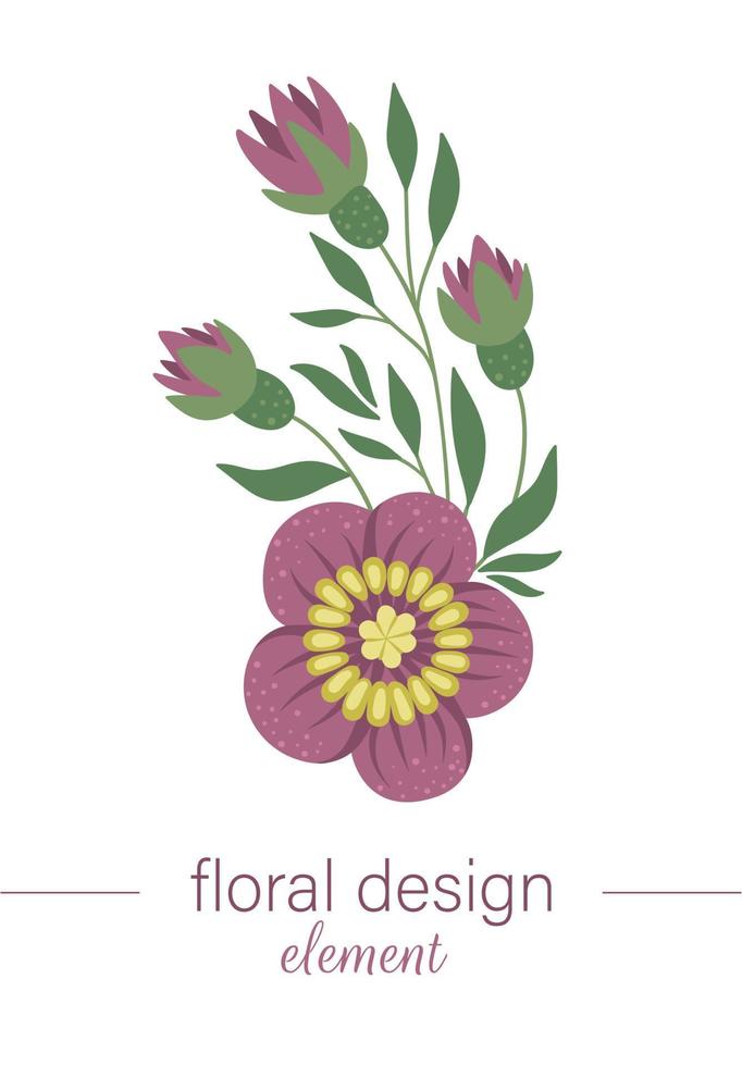 elemento decorativo vertical floral vectorial. ilustración plana de moda con flores, hojas, ramas. prado, bosque, imágenes prediseñadas de bosque. hermoso ramo de primavera o verano aislado sobre fondo blanco vector