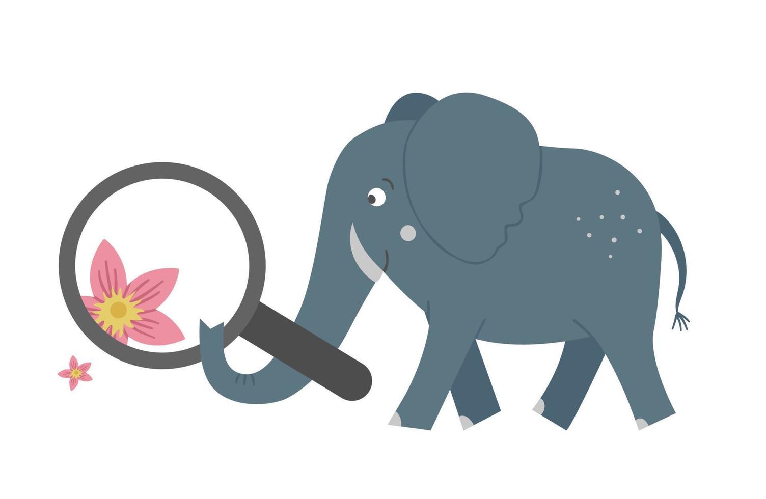 Vector cute elephant with magnifying glass looking at the flower isolated on white background. Funny tropical exotic African animal illustration. Bright flat picture. Jungle summer clipart