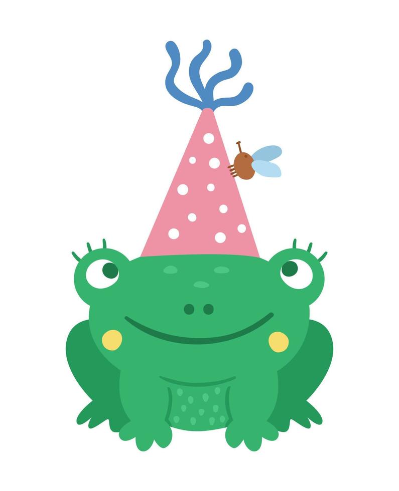 Vector cute frog in birthday hat. Funny b-day animal for card, poster, print design. Bright holiday illustration for kids. Cheerful celebration character icon isolated on white background.