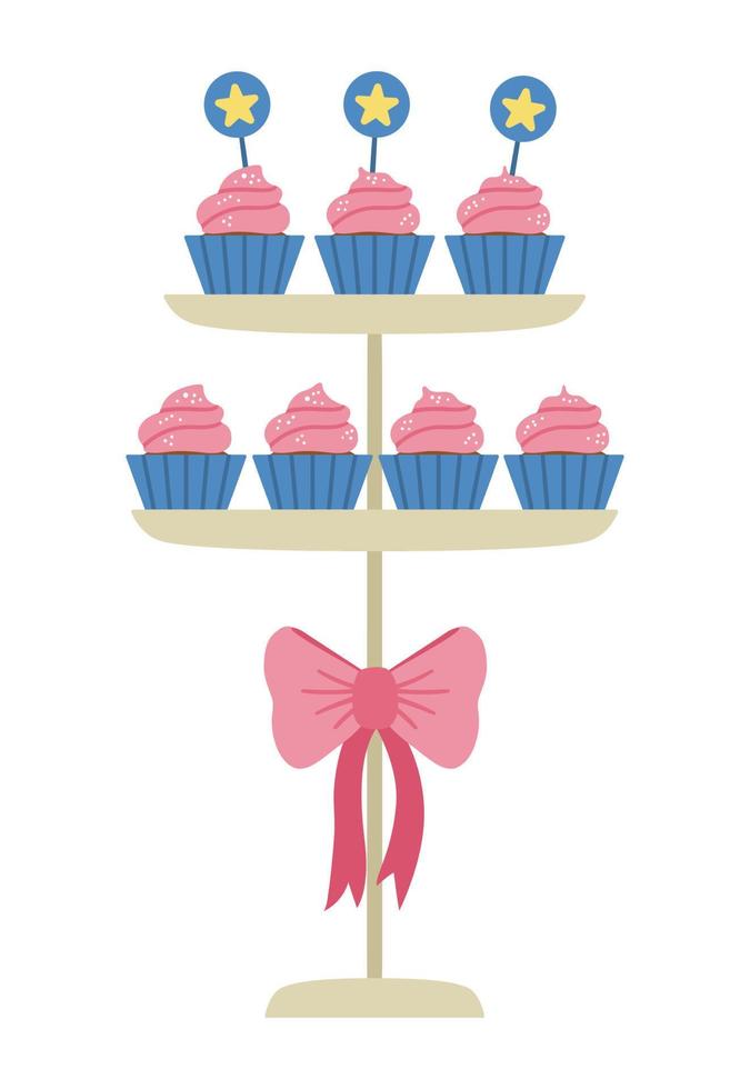 Vector birthday desserts on layered stand with bow. Cute funny celebration cupcakes illustration for card, poster, print design. Bright holiday concept for kids with muffins.