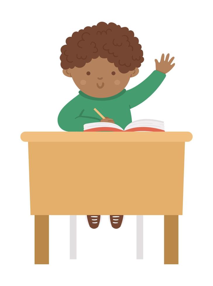 Vector cute happy schoolboy sitting at the desk with hand up. Elementary school classroom illustration. Clever dark skinned kid at the lesson. Boy ready to answer teacher question on white background.