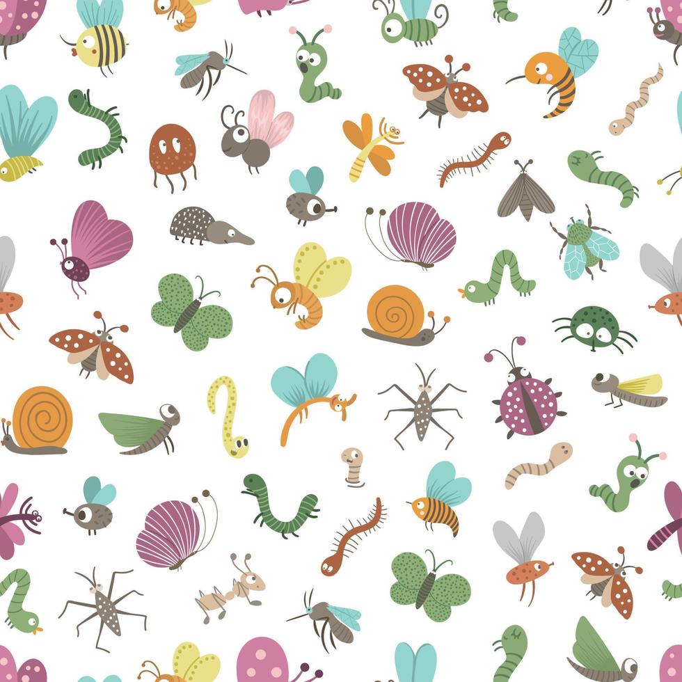 vector de patrones sin fisuras con insectos divertidos planos dibujados a mano. lindo fondo repetido con errores. dulce adorno espeluznante para niños diseño, impresión.