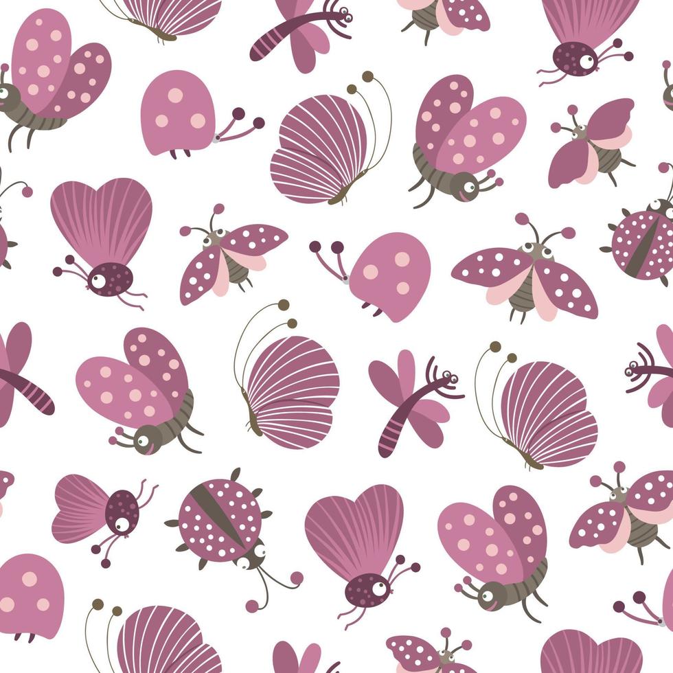 vector de patrones sin fisuras con insectos divertidos planos dibujados a mano. lindo fondo repetido con mariposas púrpuras, polillas, libélulas. dulce adorno espeluznante para niños diseño, impresión.