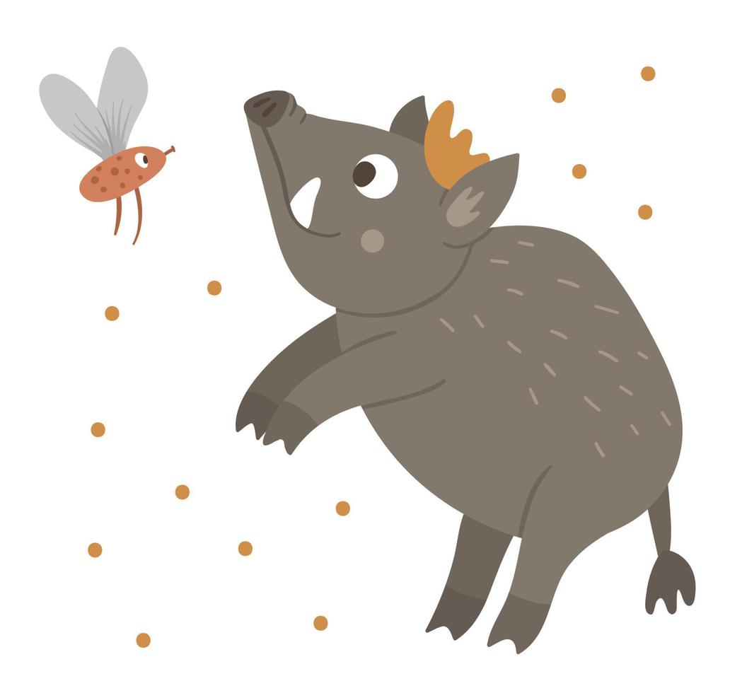 Vector hand drawn flat boar with an insect. Funny woodland animal. Cute forest pig illustration for print, stationery