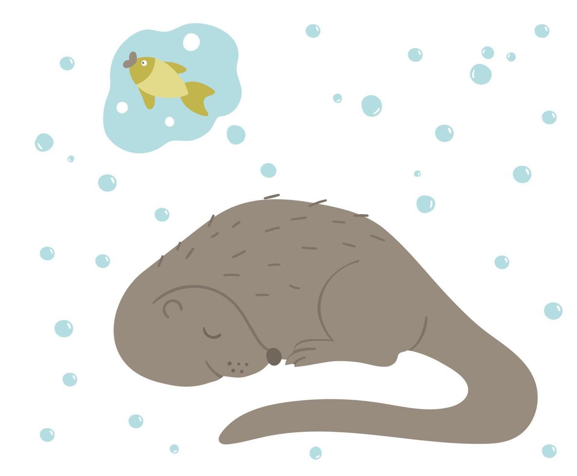 Vector hand drawn flat sleeping otter dreaming of fish. Funny woodland animal. Cute forest animalistic illustration for children design, print, stationery