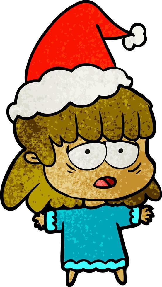 textured cartoon of a tired woman wearing santa hat vector