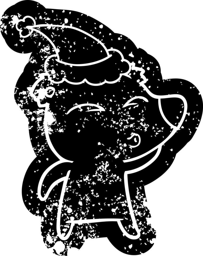 cartoon distressed icon of a whistling bear wearing santa hat vector