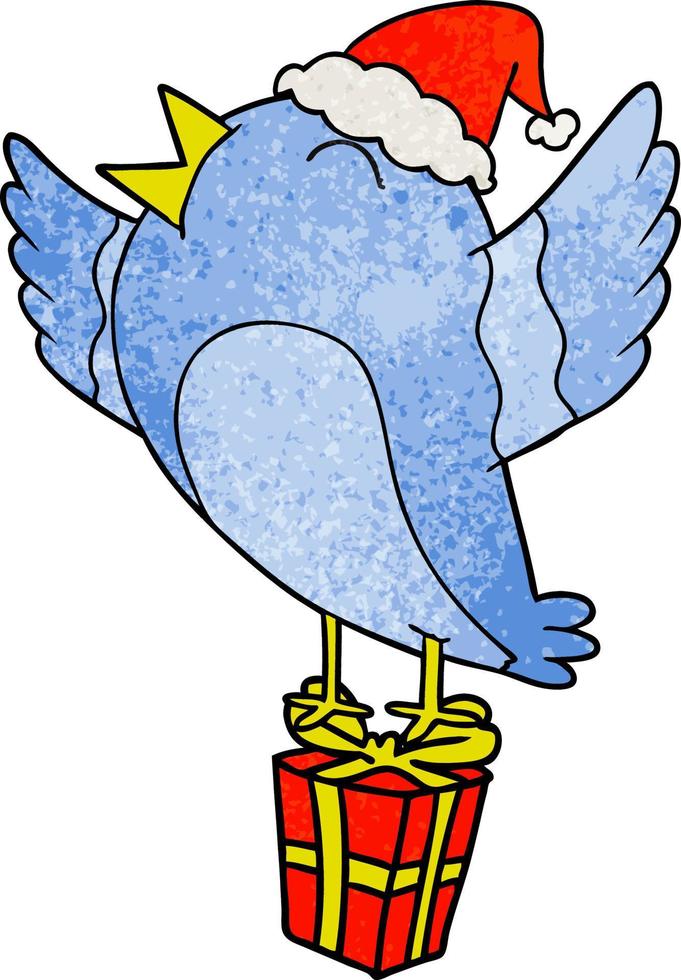 textured cartoon of a bird wearing santa hat vector