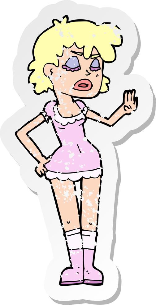 retro distressed sticker of a cartoon woman making dismissive gesture vector