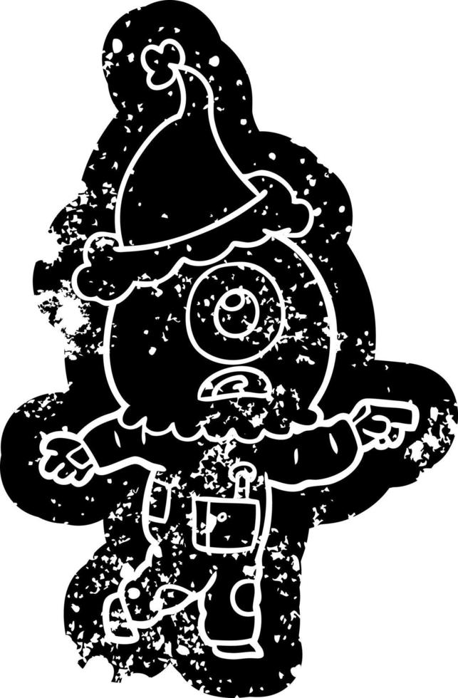 cartoon distressed icon of a cyclops alien spaceman pointing wearing santa hat vector