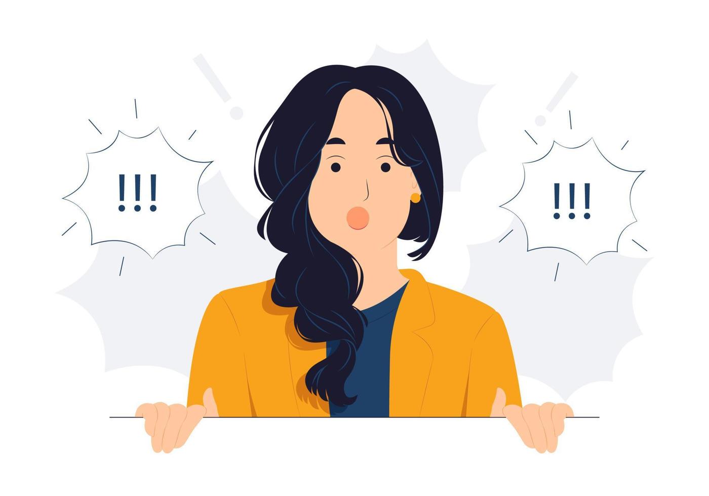 Woman Shocked, Startled, speechless, witness something, cover mouth with hands, looking at you, gasping astounded with revelation, hear stunning gossip concept illustration vector