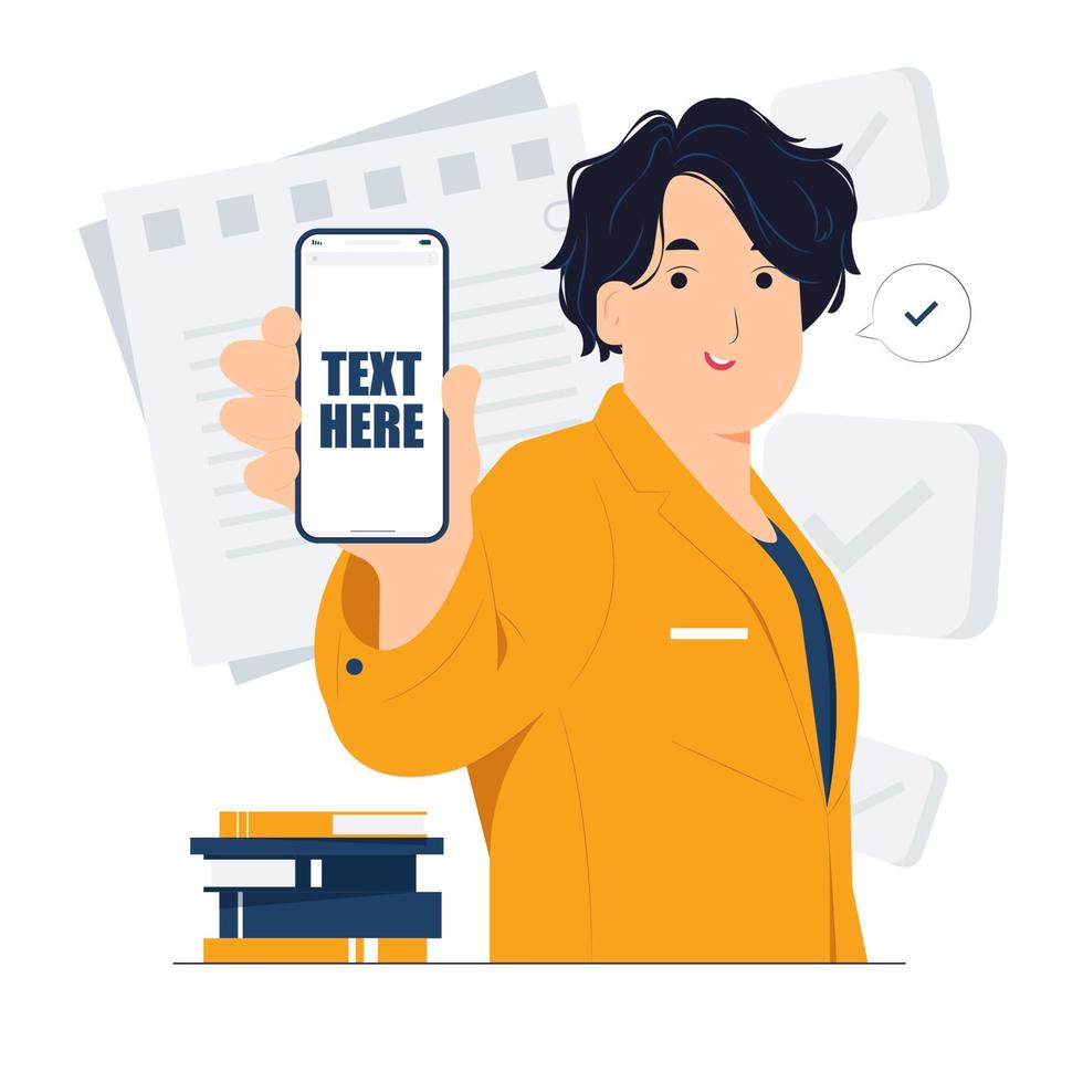 Business man holding and showing mobile smart phone screen concept illustration vector