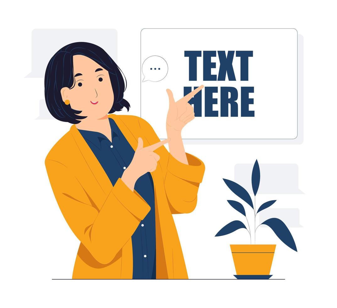 Beautiful Businesswoman showing and pointing fingers upper left and right corner with happy expression advices use this copy space wisely concept illustration vector
