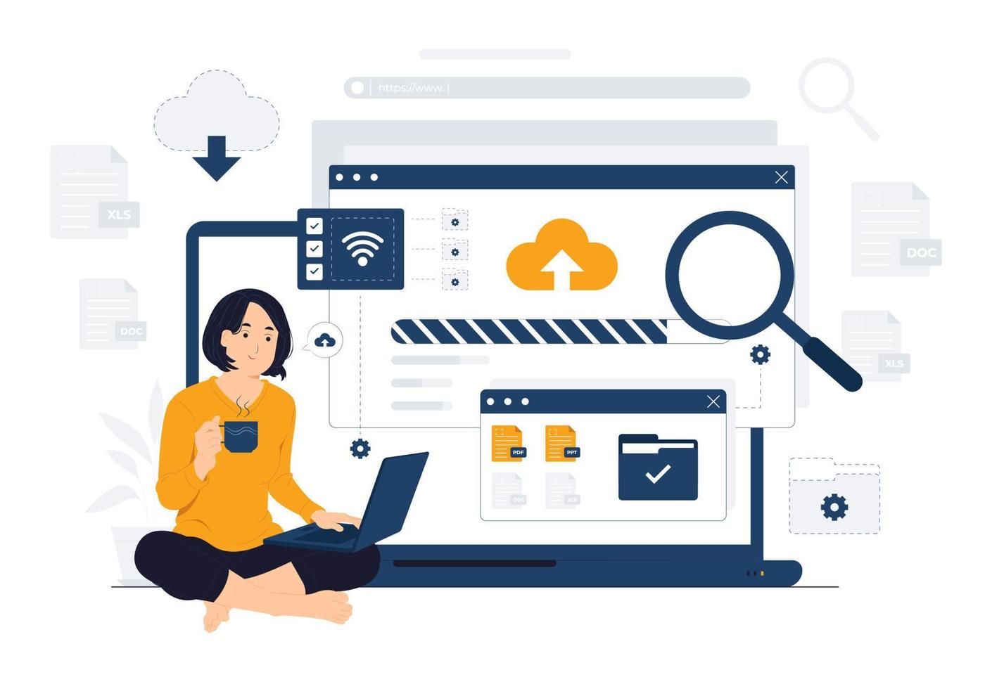 Upload file with cloud storage concept illustration vector