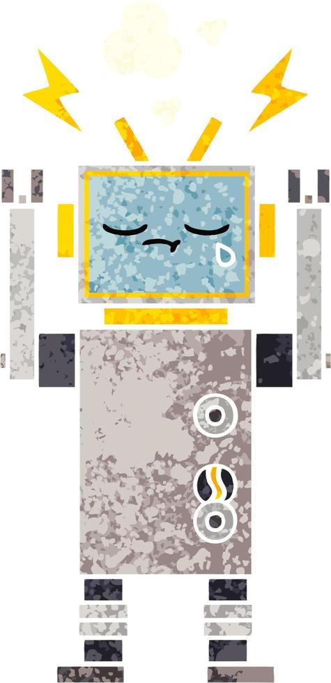 retro illustration style cartoon crying robot vector