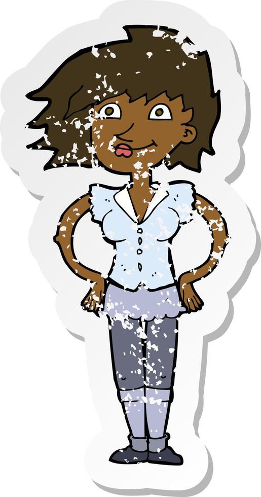 retro distressed sticker of a cartoon woman with hands on hips vector