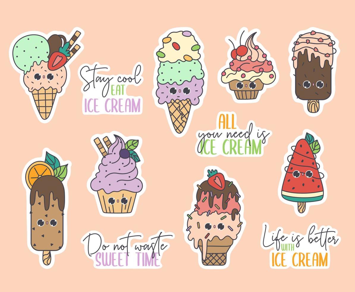 Cute vector stickers pack of kawaii doodles ice creams with quotes. Sweets characters kids illustration in cartoon style.