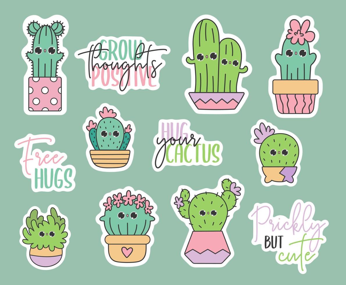 lindo paquete de pegatinas vectoriales de kawaii garabatos cactus en macetas. bebé cactus niños ilustración en estilo de dibujos animados. suculentas plantas caseras de jardinería. vector