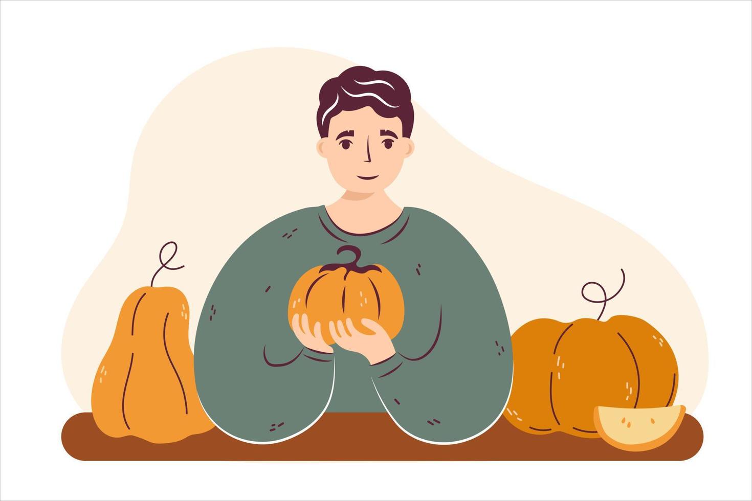 Autumn cute man with pumpkin. Man sitting and holding pumpkin. Cozy fall vector illustration for Happy Thanksgiving or Halloween. Harvest farm character with agriculture vegetables. Isolated